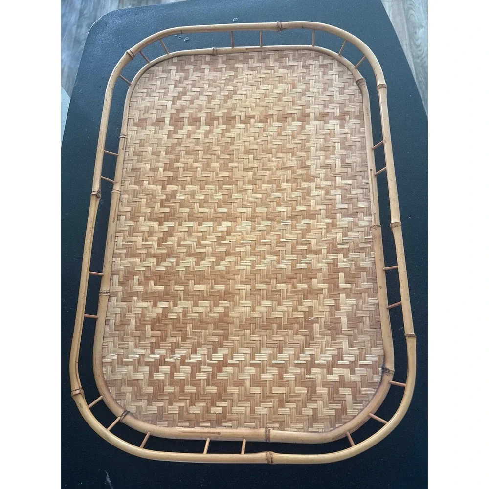 Vintage Woven Bamboo Rattan Serving Tray Rectangular Boho Coastal Decor 19in